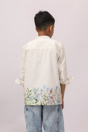 White Botanical Border Mandarin Shirt for Boys