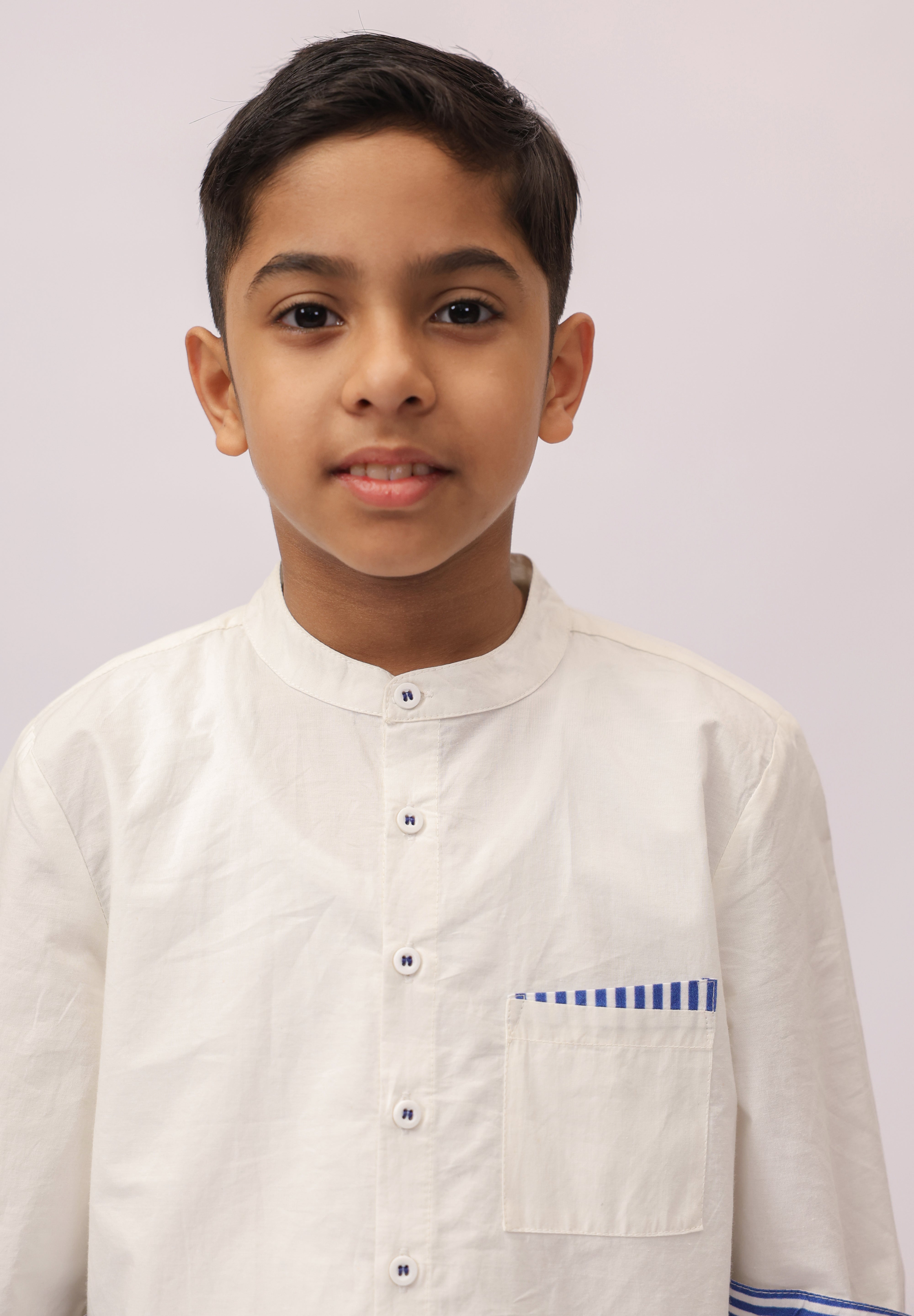 White Botanical Border Mandarin Shirt for Boys