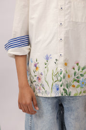 White Botanical Border Mandarin Shirt for Boys