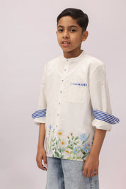 White Botanical Border Mandarin Shirt for Boys