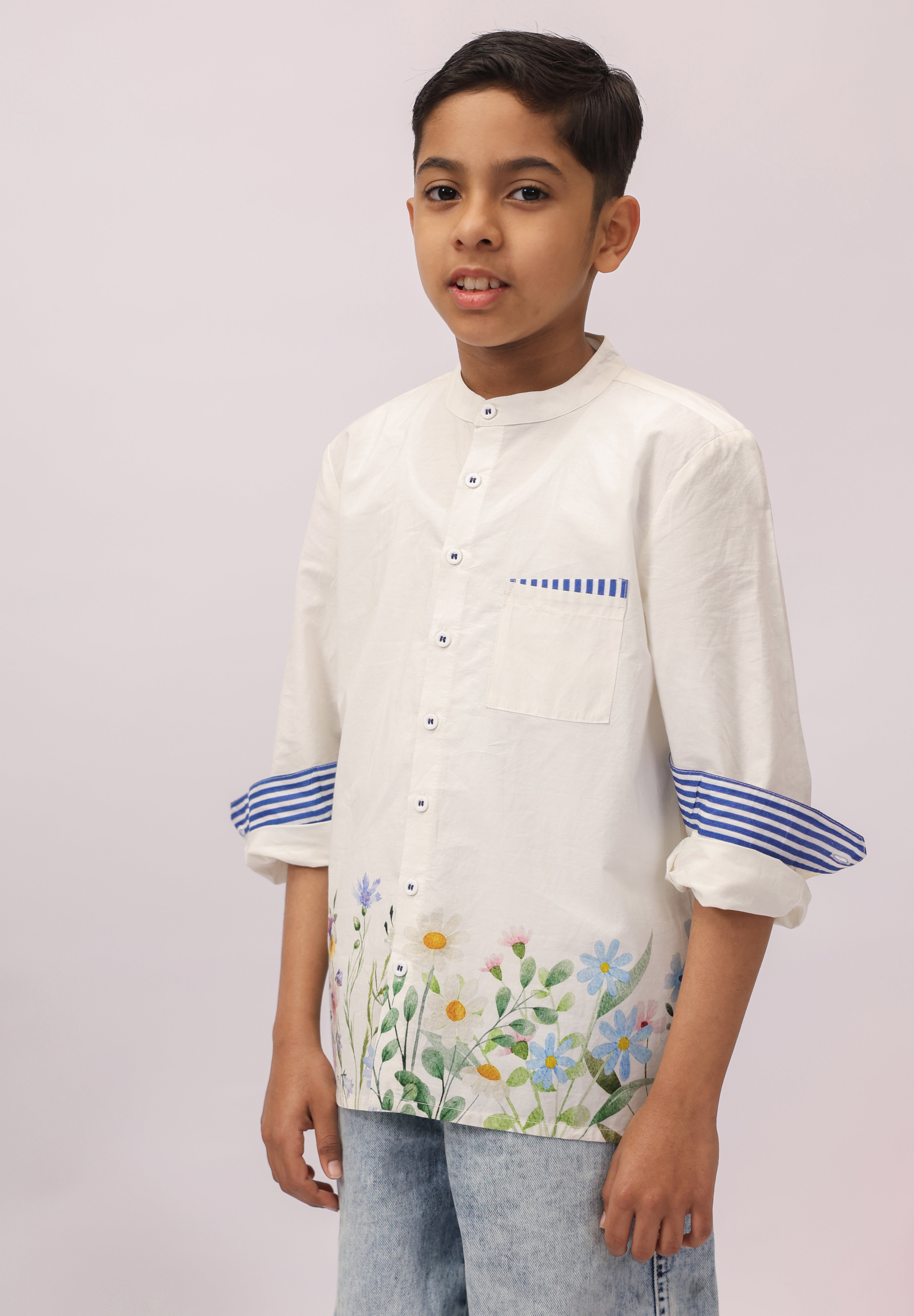 White Botanical Border Mandarin Shirt for Boys