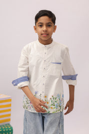 White Botanical Border Mandarin Shirt for Boys