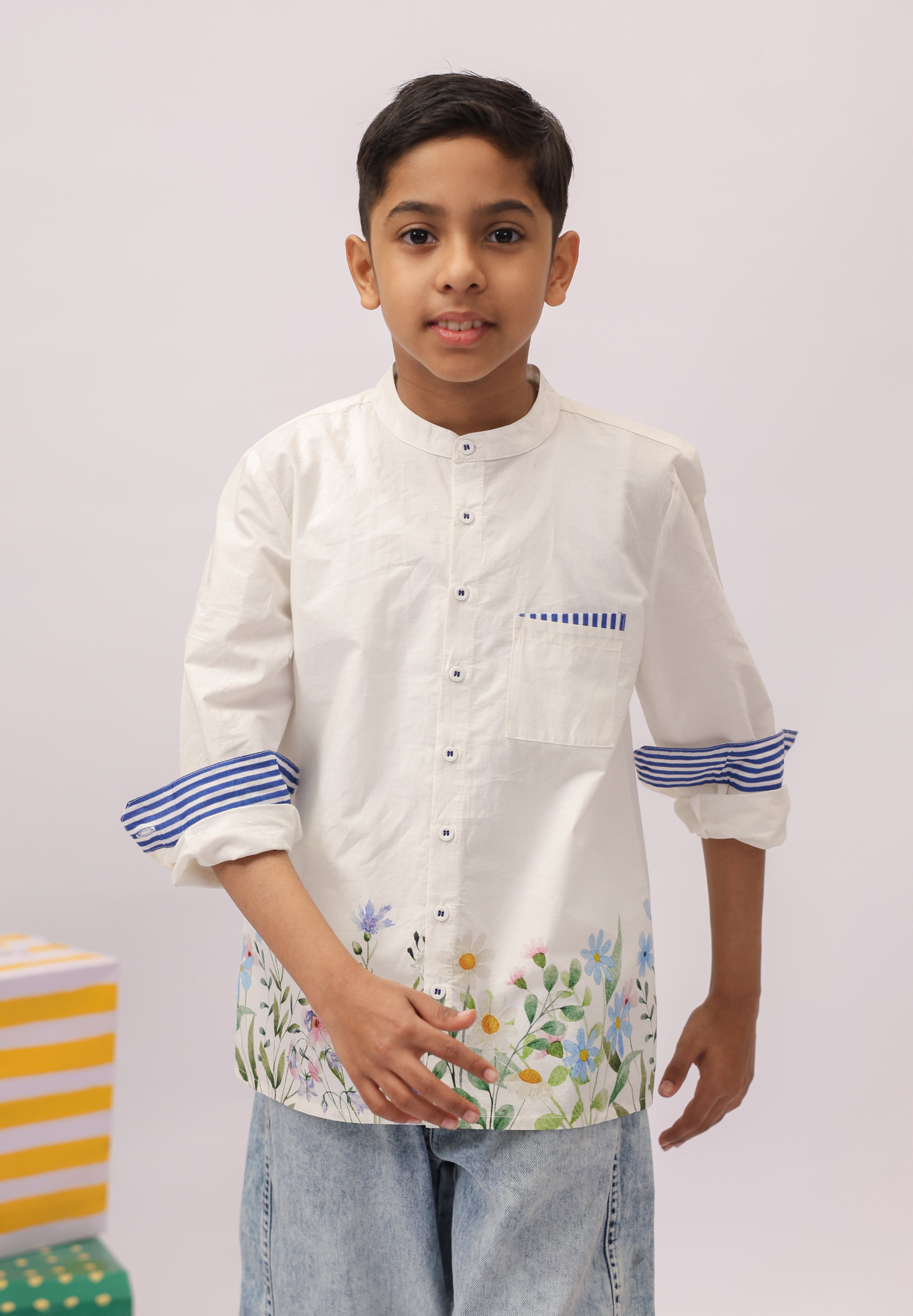 White Botanical Border Mandarin Shirt for Boys
