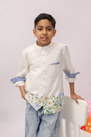 White Botanical Border Mandarin Shirt for Boys