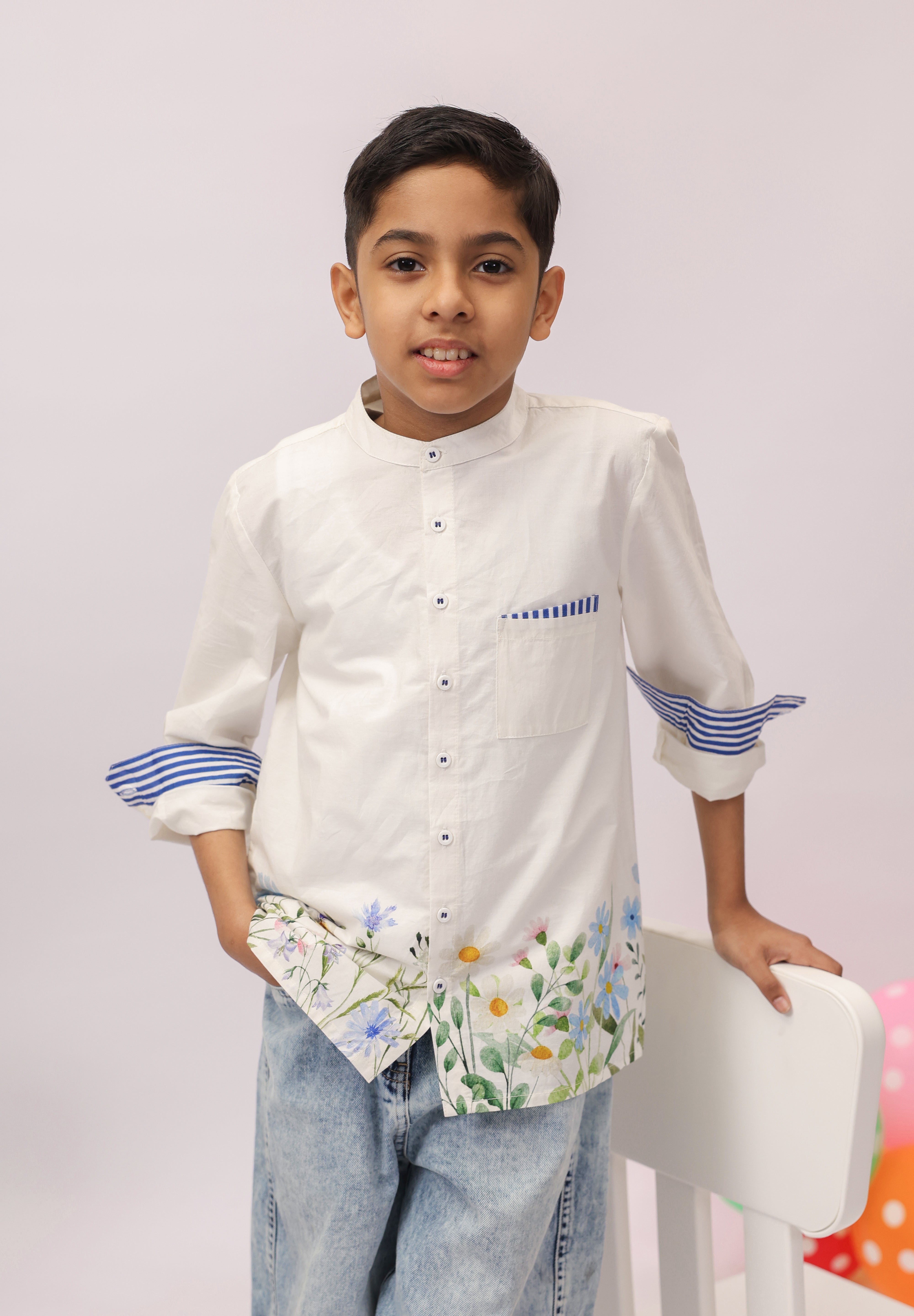 White Botanical Border Mandarin Shirt for Boys