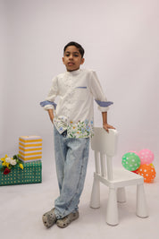 White Botanical Border Mandarin Shirt for Boys