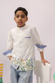 White Botanical Border Mandarin Shirt for Boys