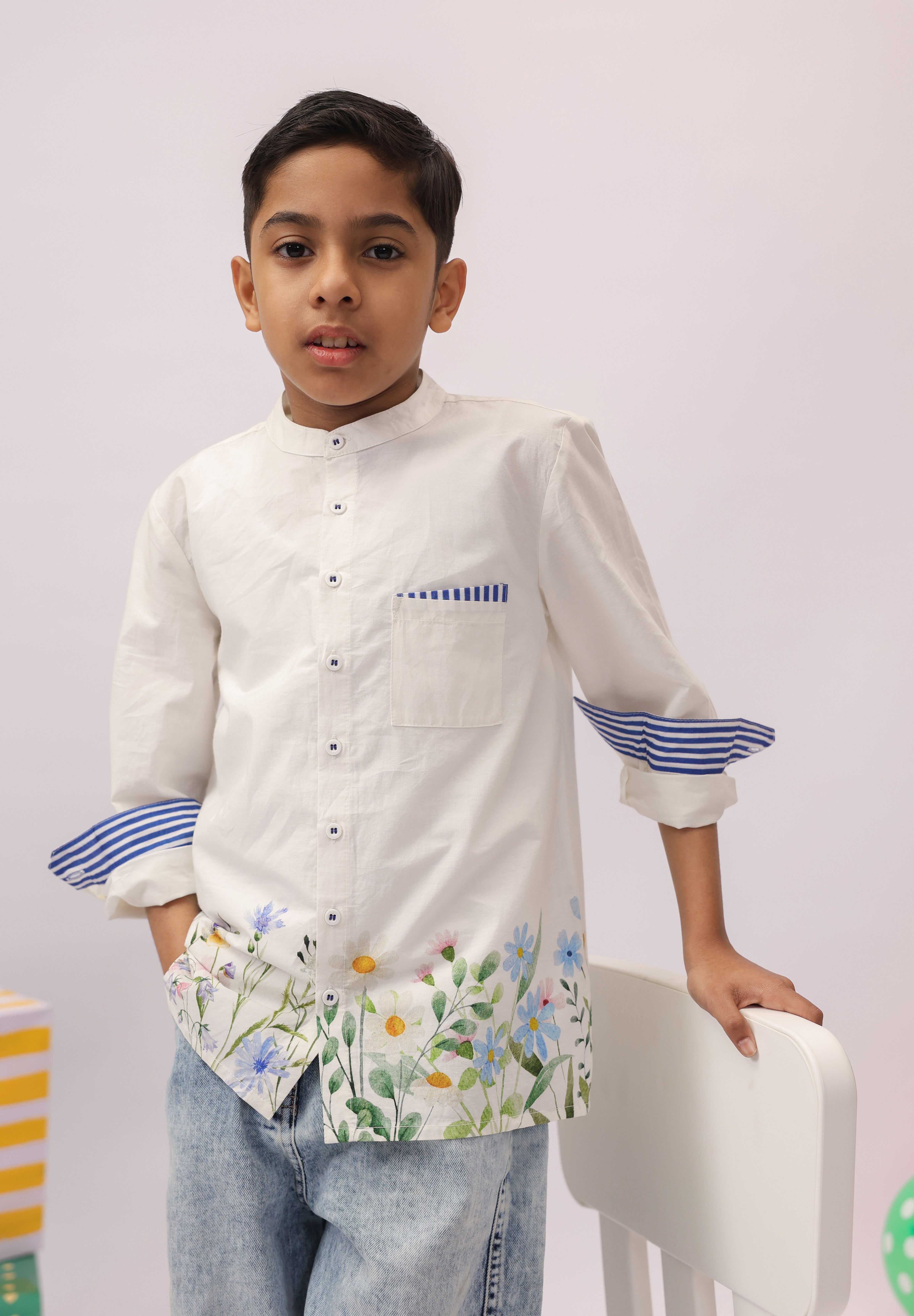 White Botanical Border Mandarin Shirt for Boys