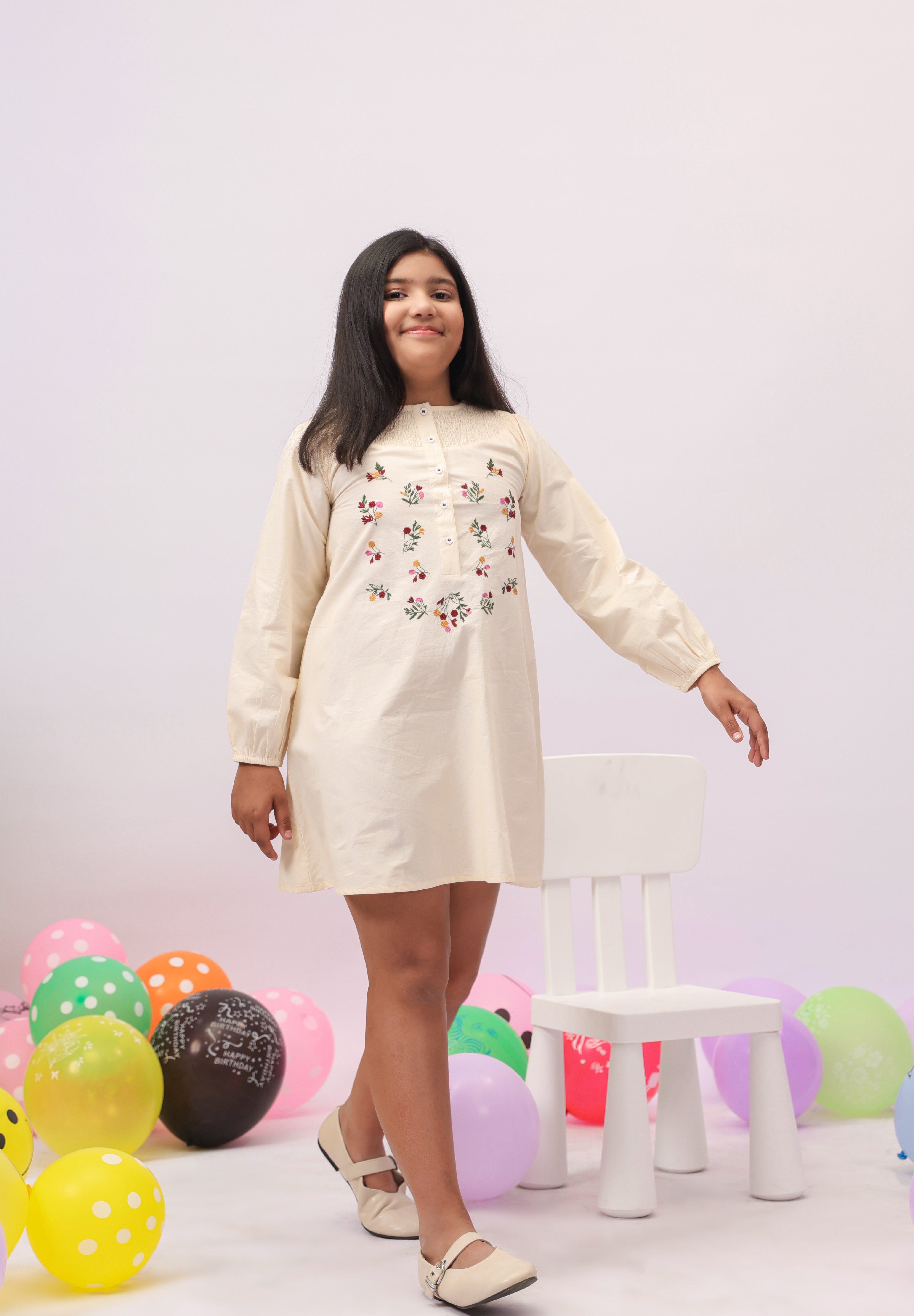 Ivory Bloom Embroidered Daily Dress for Girls