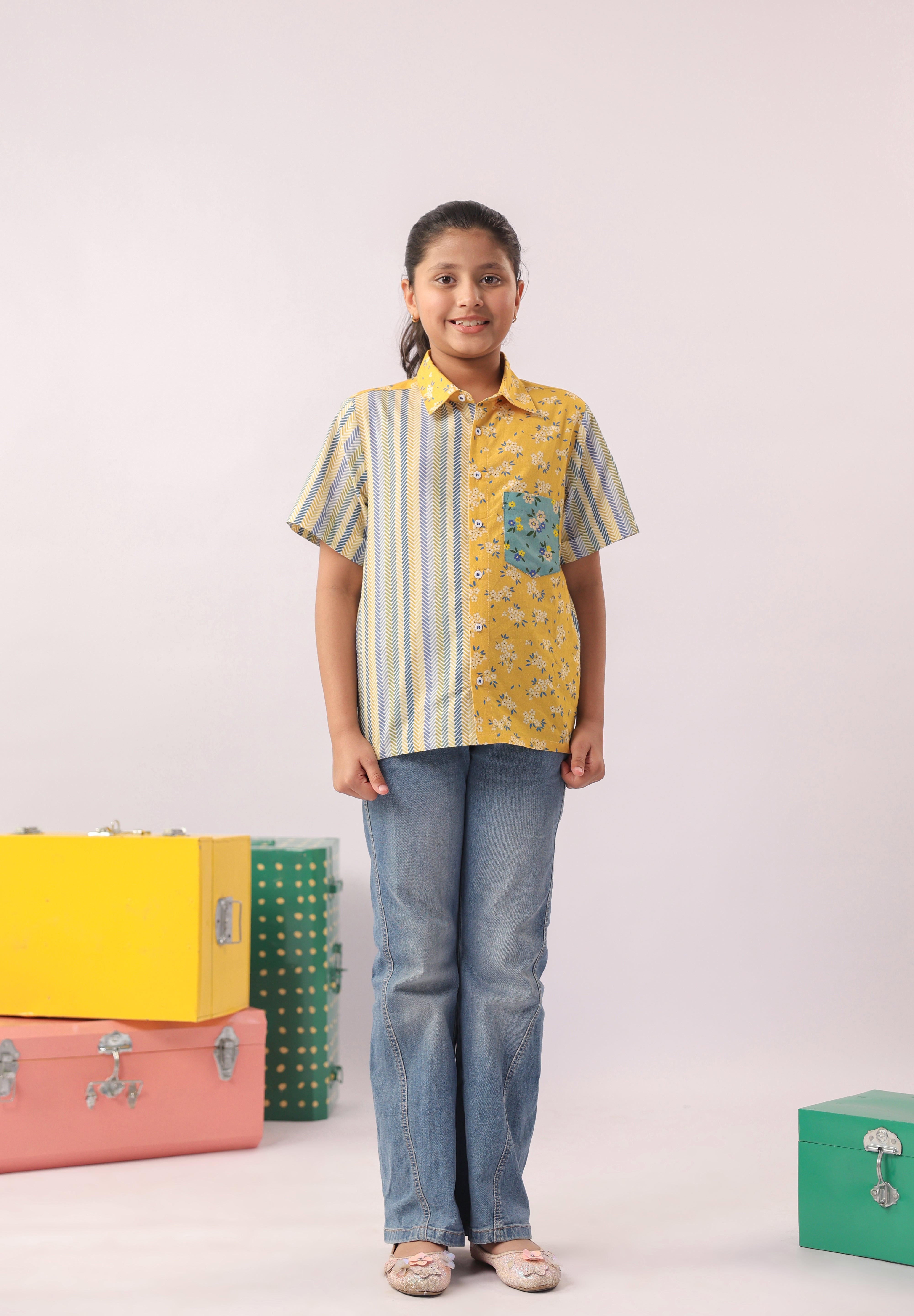 Sunblock Mixed Print Colour-Block Shirt for Girls