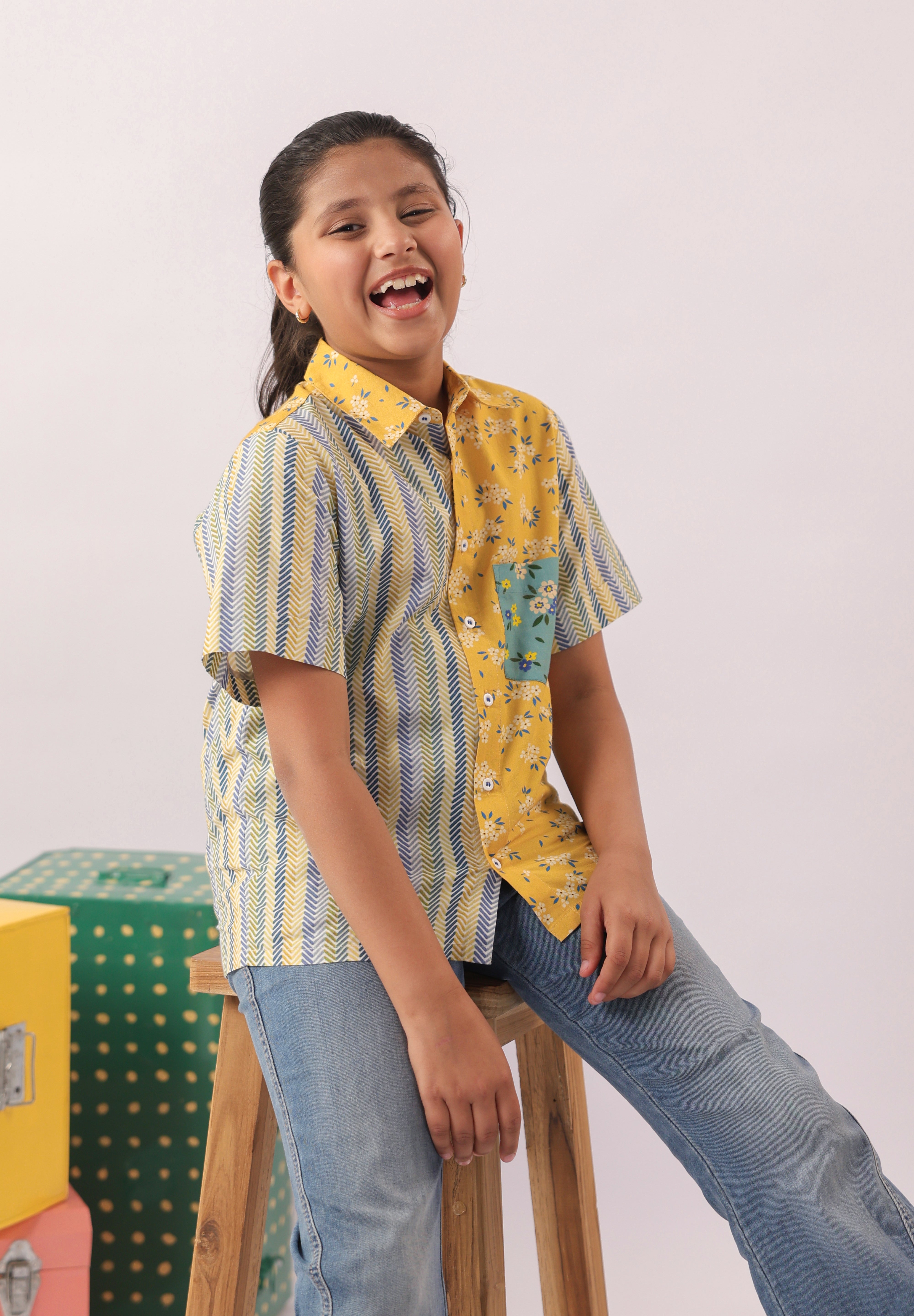 Sunblock Mixed Print Colour-Block Shirt for Girls