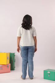 Blue Check Embroidered Cotton Shirt for Girls