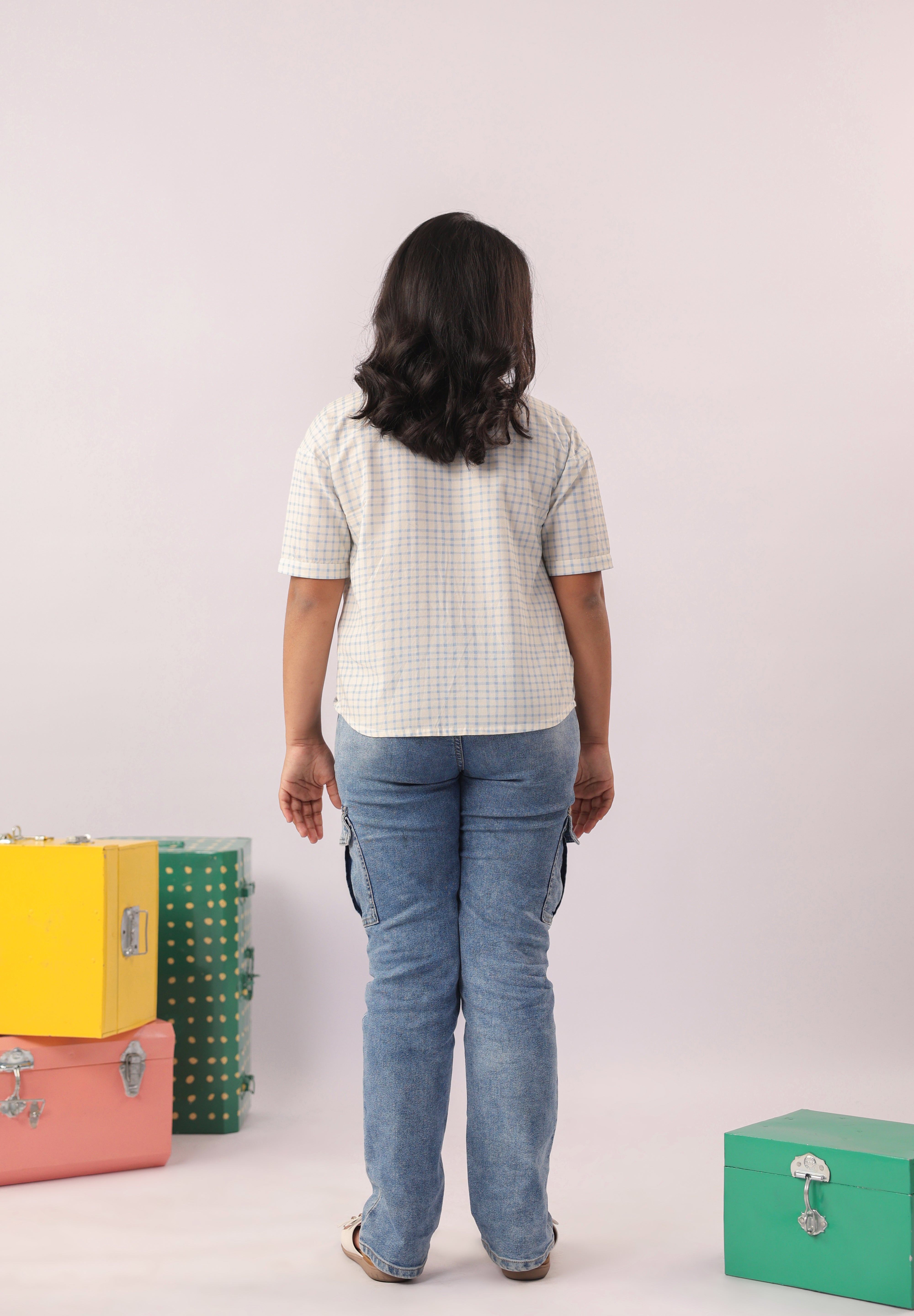 Blue Check Embroidered Cotton Shirt for Girls