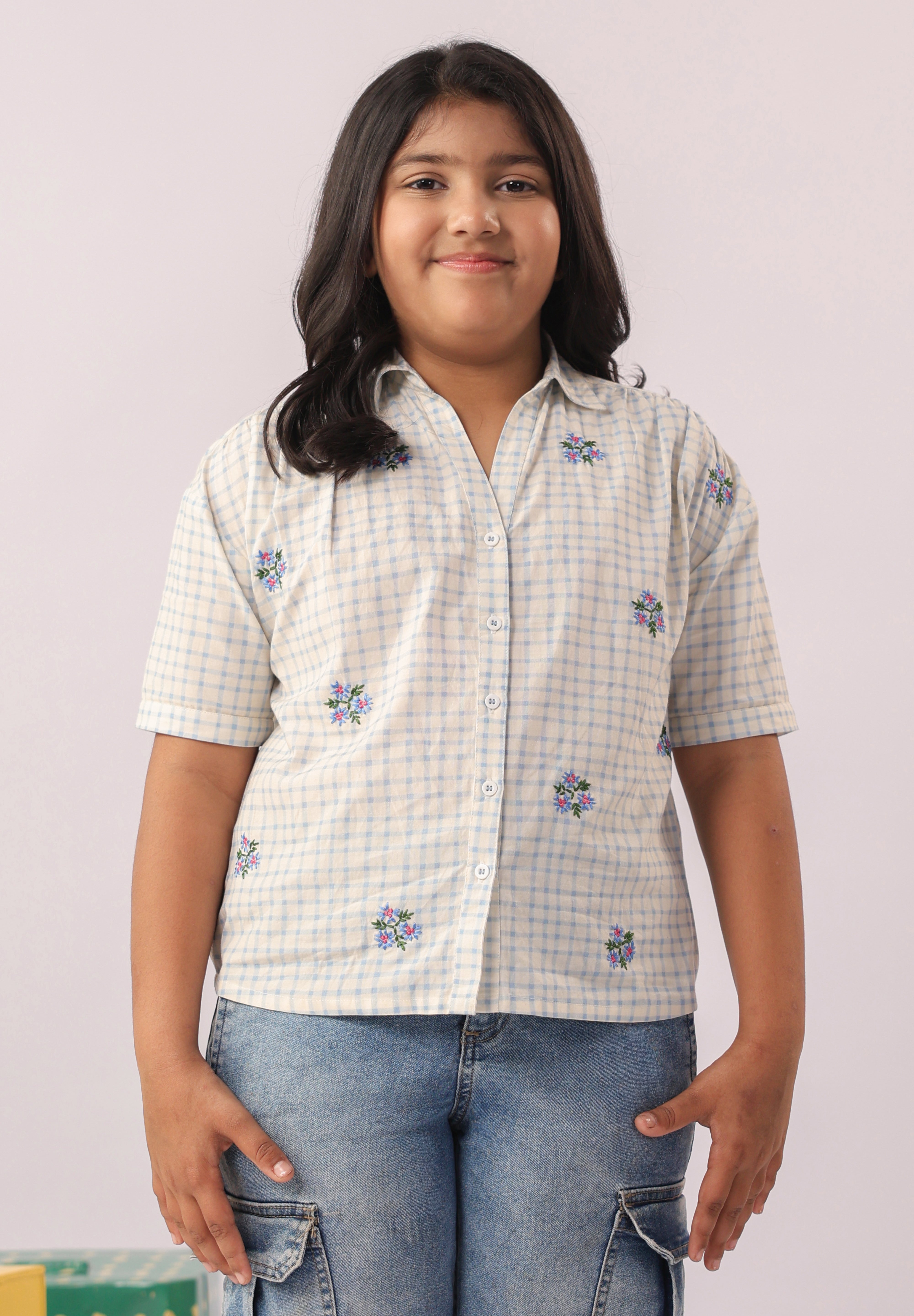 Blue Check Embroidered Cotton Shirt for Girls