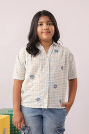 Blue Check Embroidered Cotton Shirt for Girls