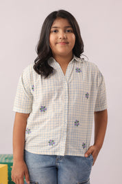 Blue Check Embroidered Cotton Shirt for Girls