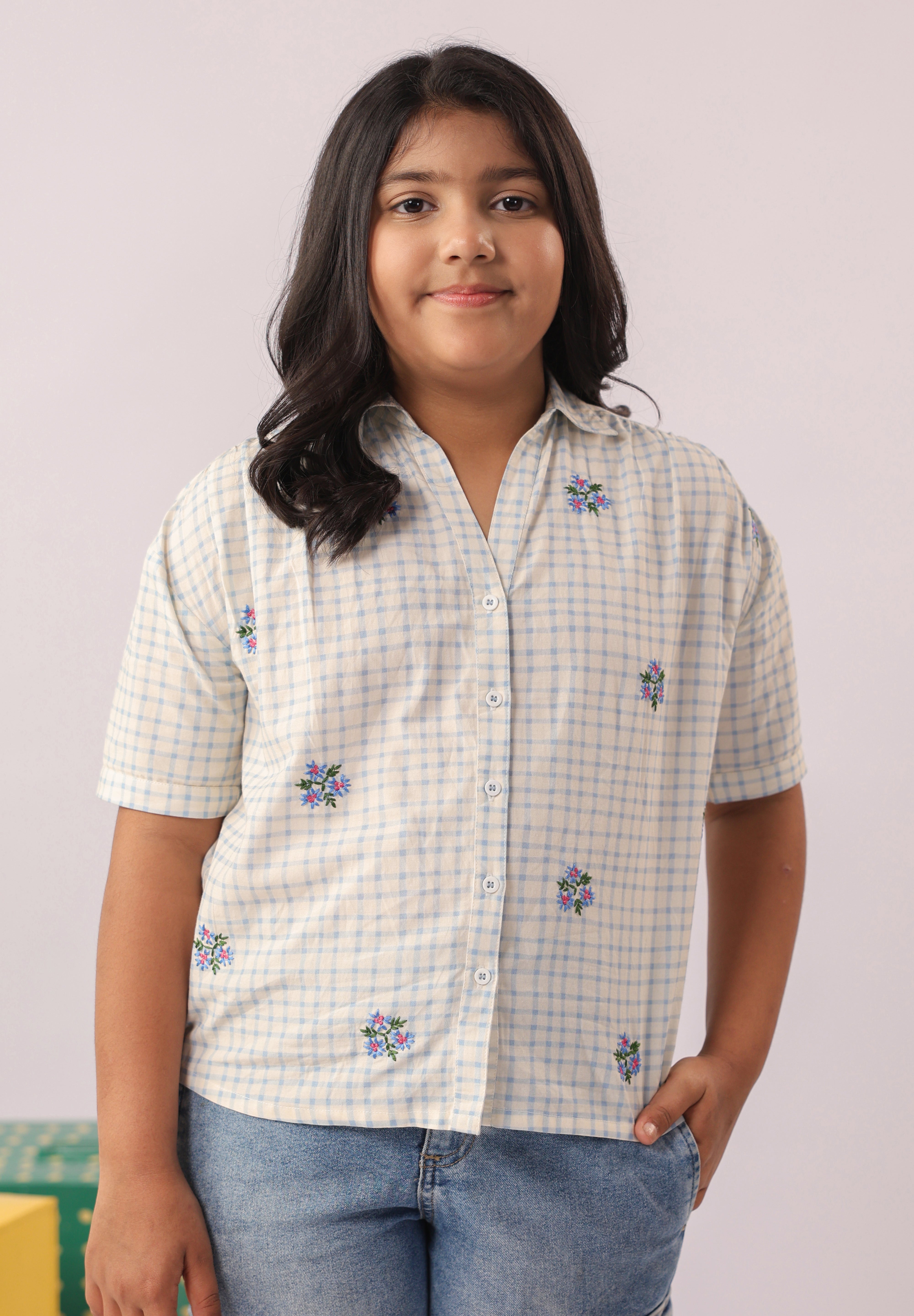 Blue Check Embroidered Cotton Shirt for Girls