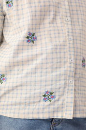 Blue Check Embroidered Cotton Shirt for Girls