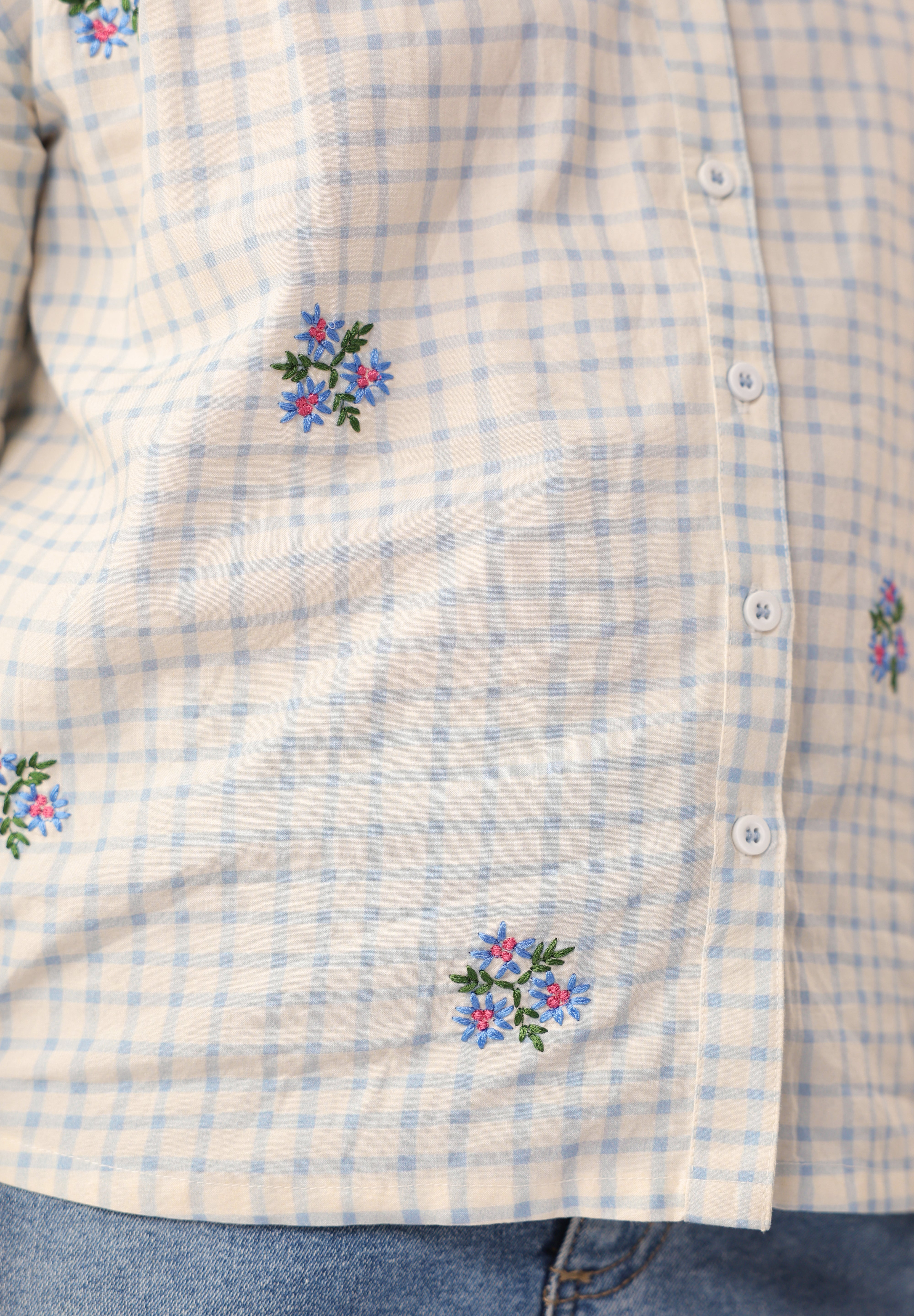 Blue Check Embroidered Cotton Shirt for Girls