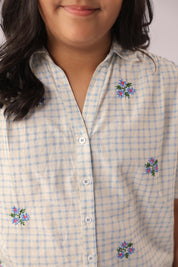 Blue Check Embroidered Cotton Shirt for Girls