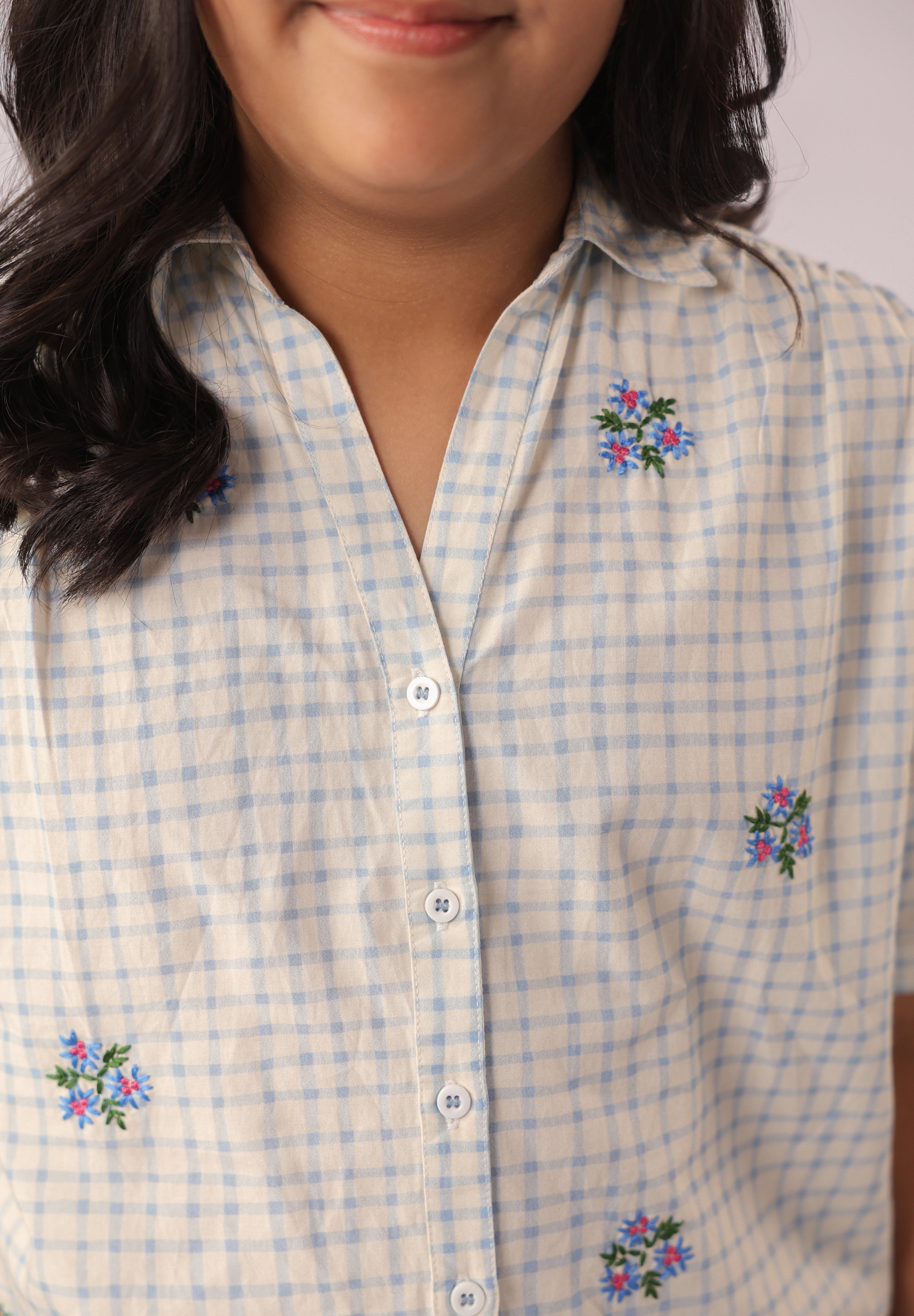 Blue Check Embroidered Cotton Shirt for Girls