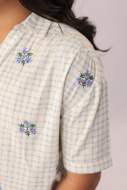 Blue Check Embroidered Cotton Shirt for Girls