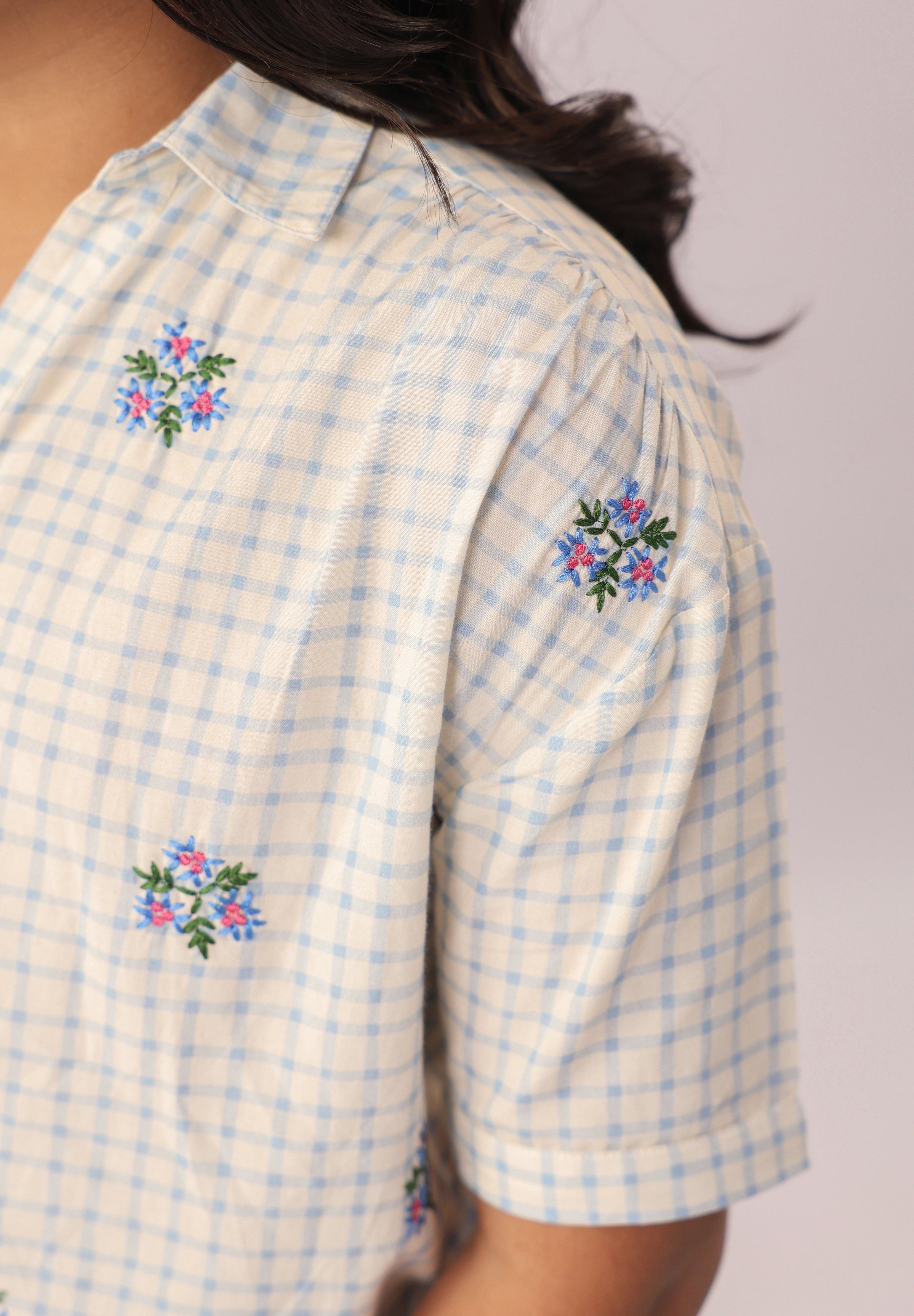 Blue Check Embroidered Cotton Shirt for Girls