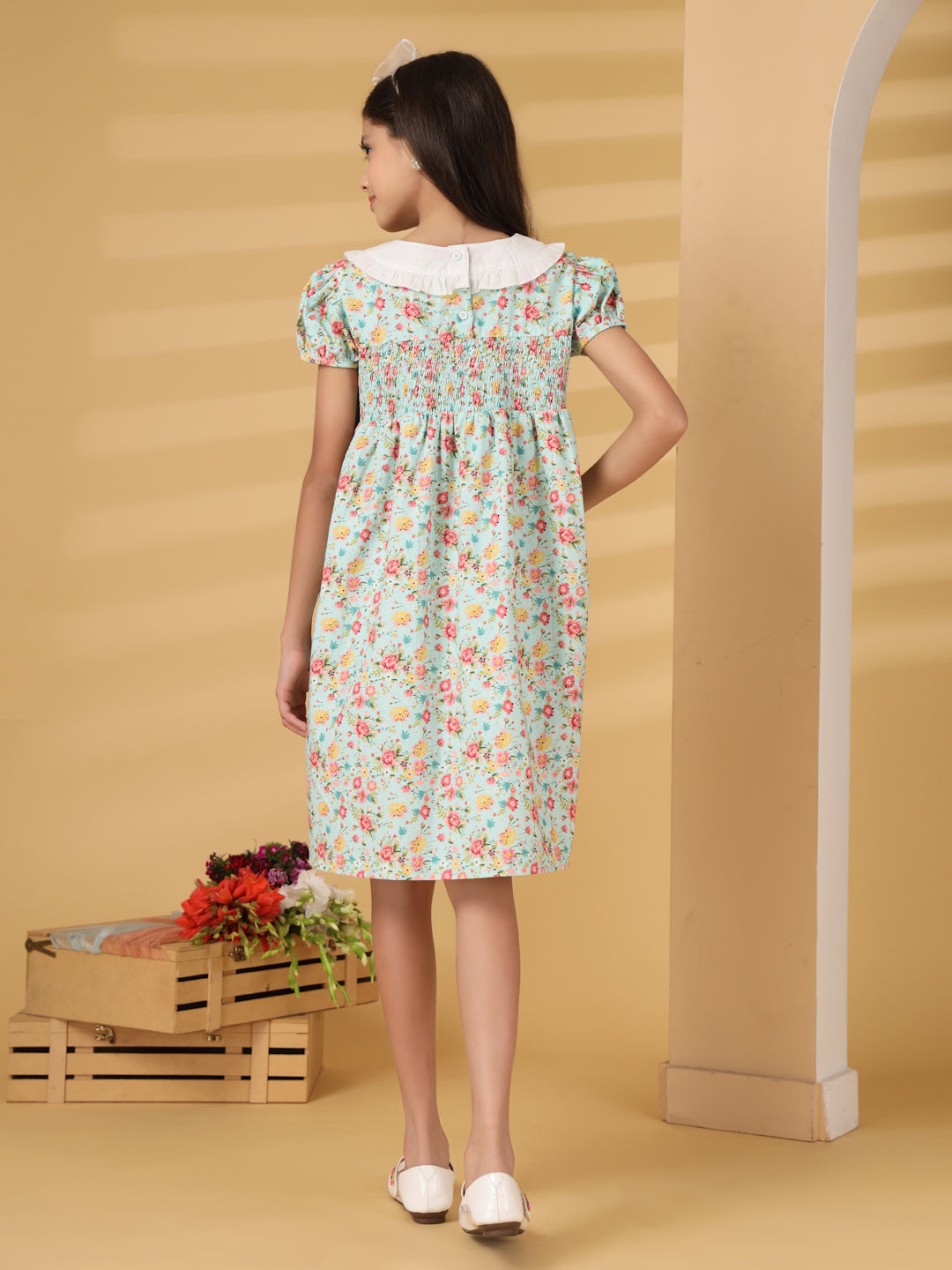 Light Blue Floral Smocking Dress