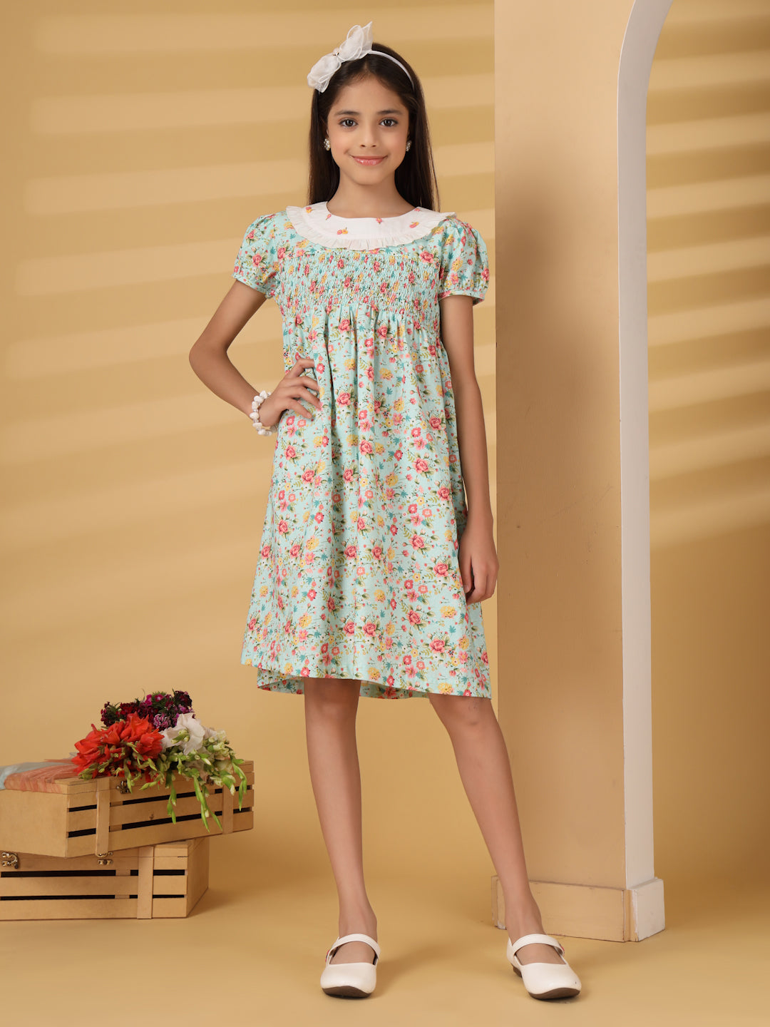 Light Blue Floral Smocking Dress