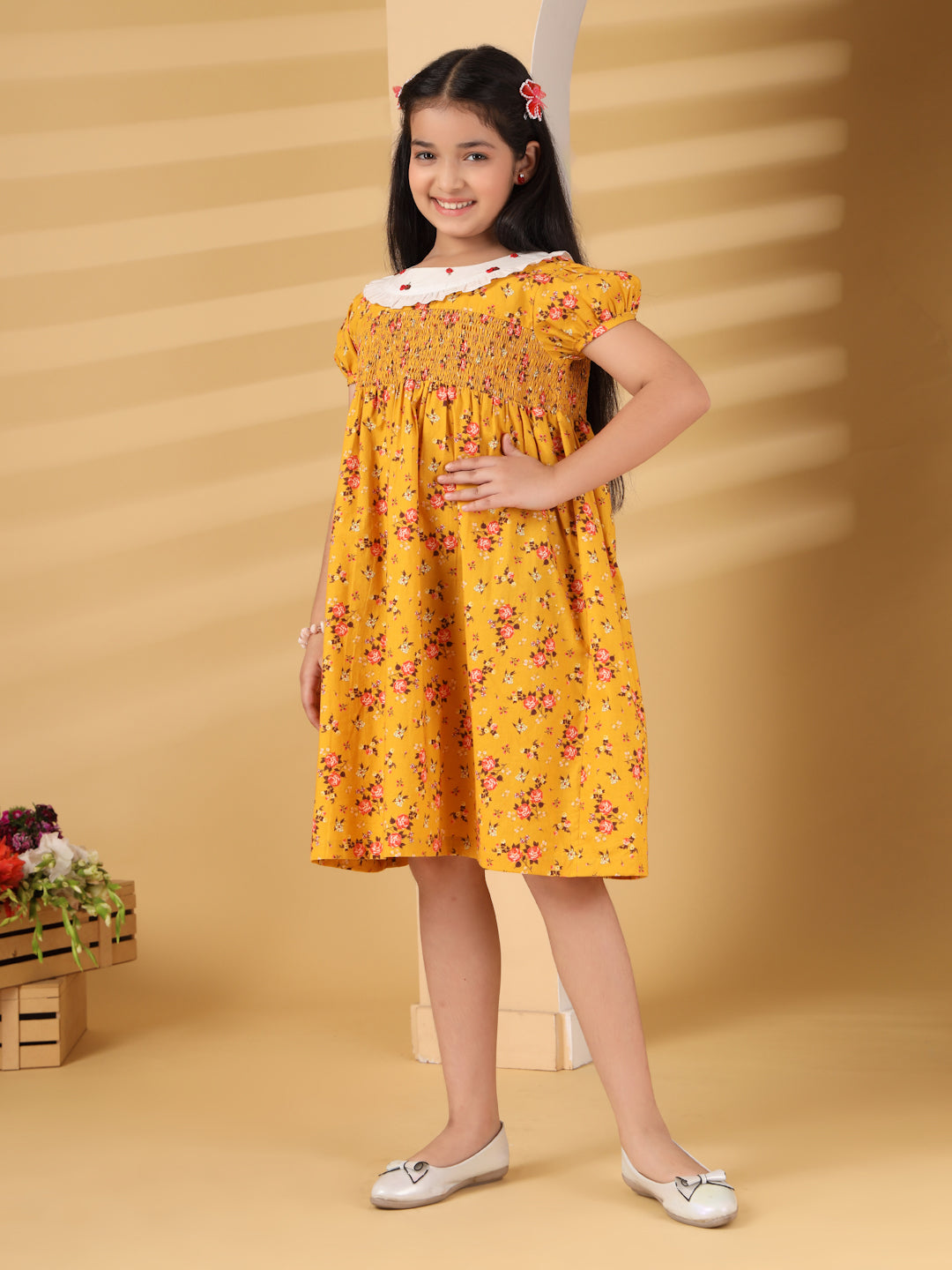 Yellow Floral Smocked Dress
