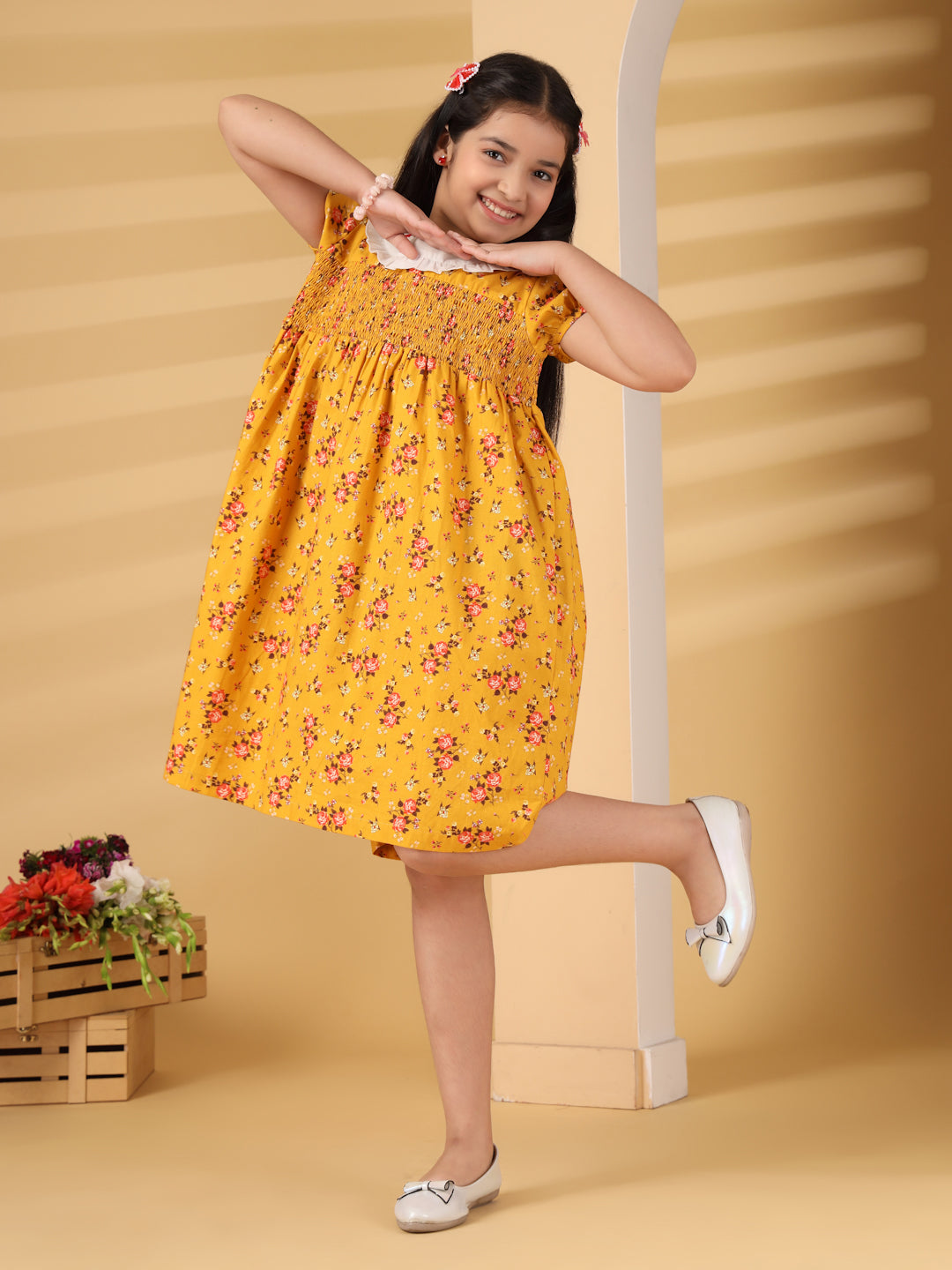 Yellow Floral Smocked Dress