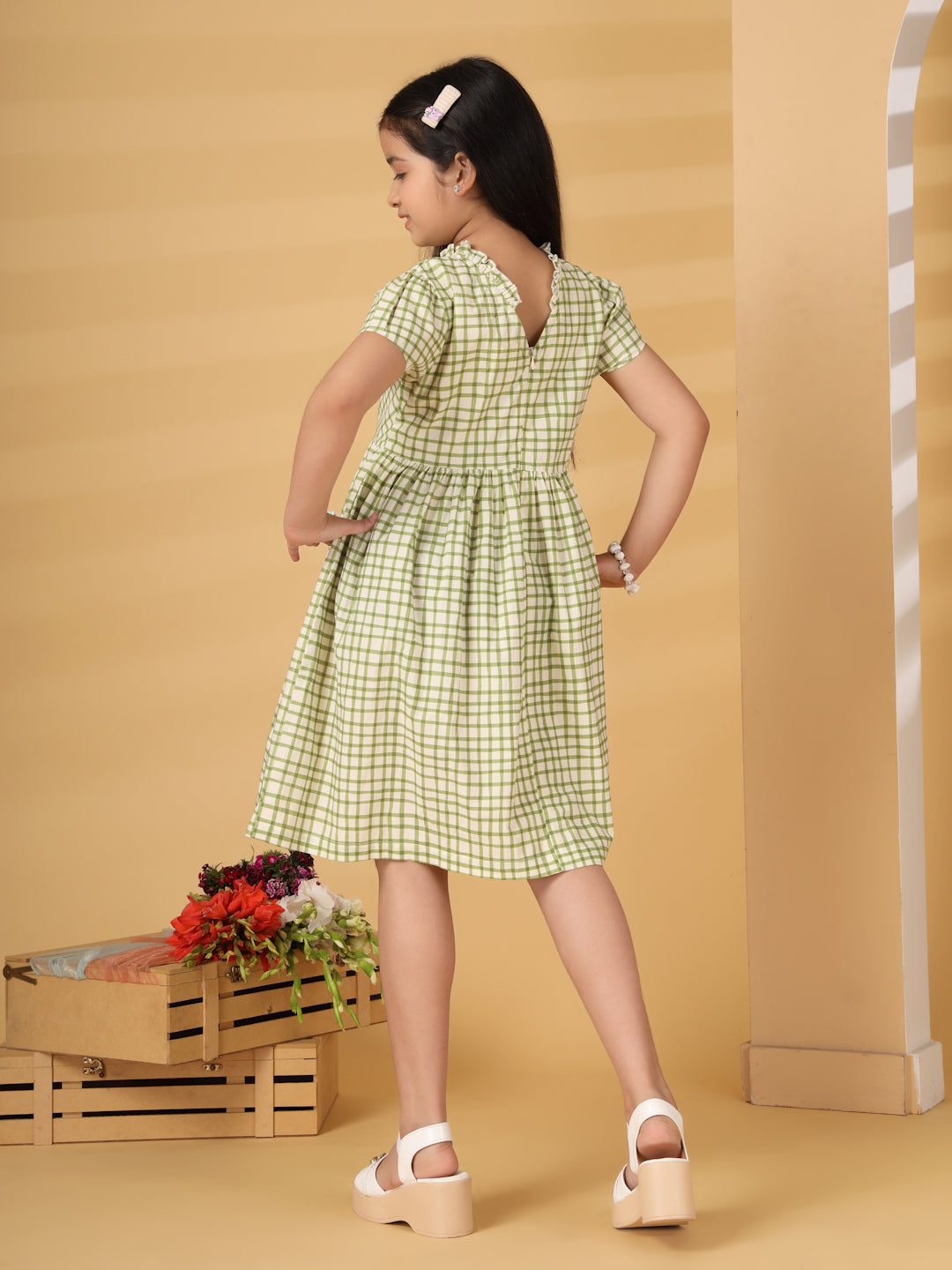 Green Checks Embroidery Dress