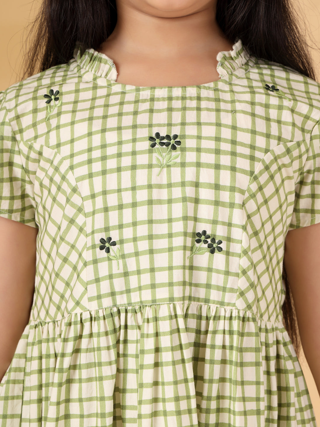 Green Checks Embroidery Dress