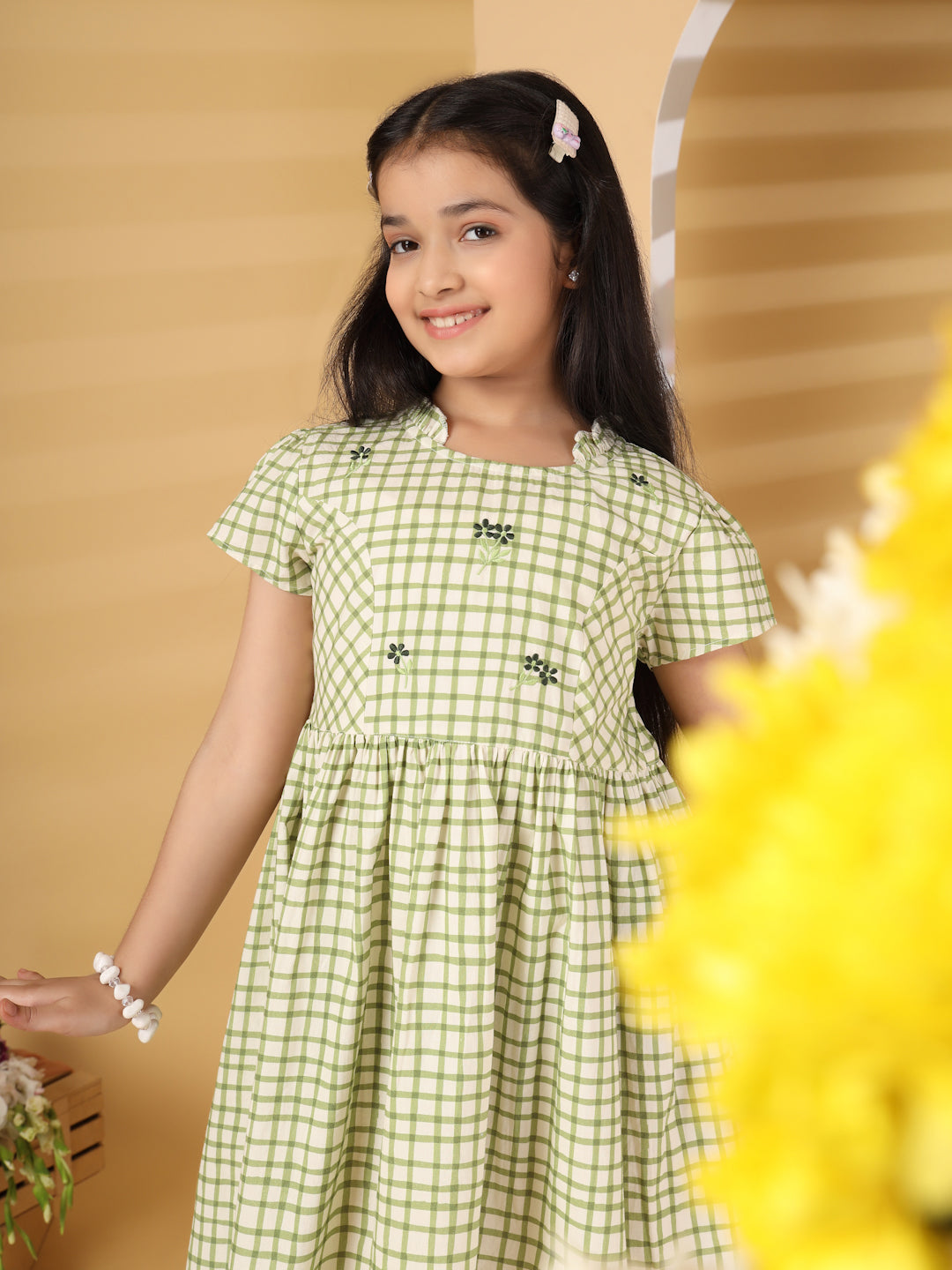 Green Checks Embroidery Dress