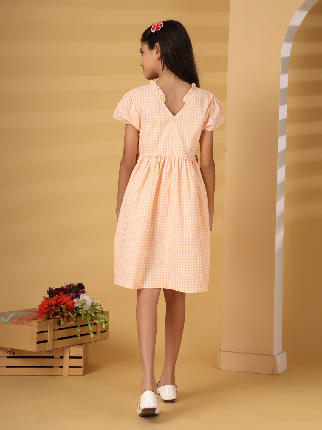 Peach Checks Embroidery Dress