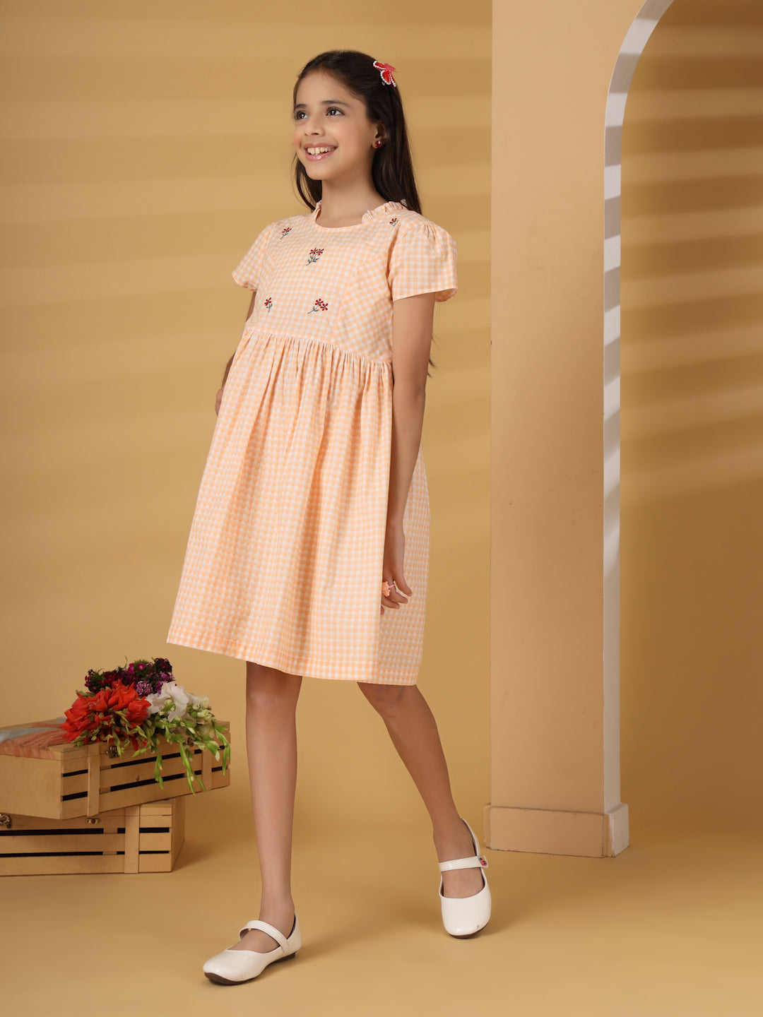 Peach Checks Embroidery Dress