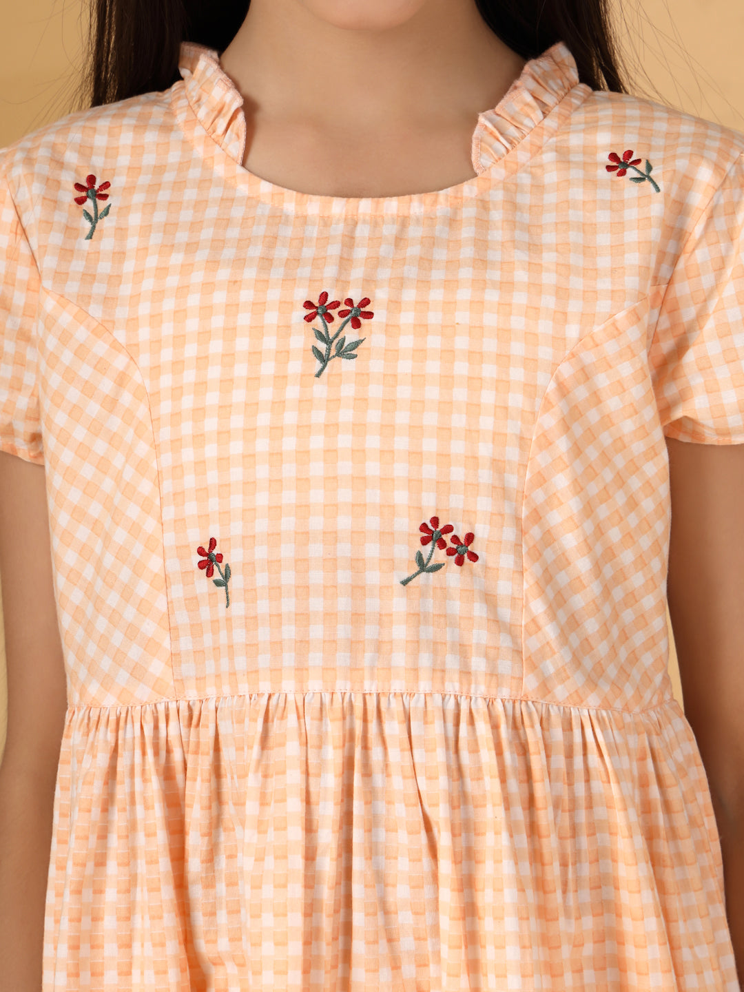 Peach Checks Embroidery Dress