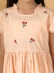 Peach Checks Embroidery Dress