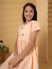 Peach Checks Embroidery Dress