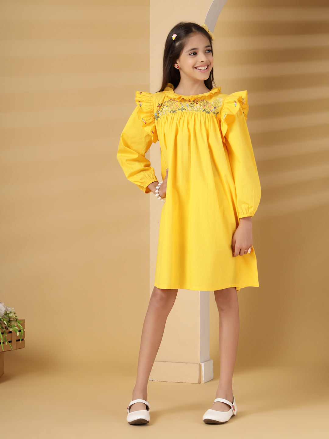 Yellow Frill Embroidery Dress