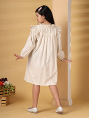 Beige Striped Frill Embroidery Dress