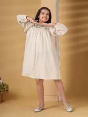 Beige Striped Frill Embroidery Dress