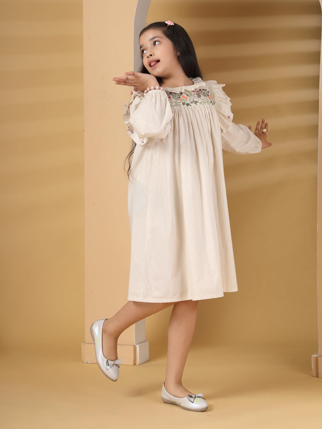 Beige Striped Frill Embroidery Dress