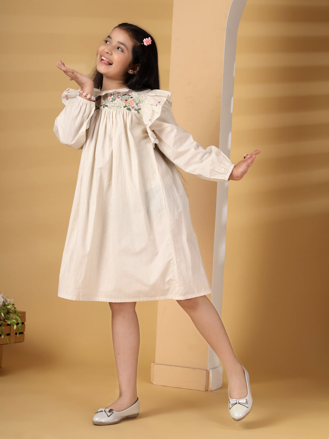 Beige Striped Frill Embroidery Dress