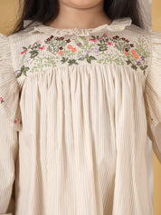 Beige Striped Frill Embroidery Dress