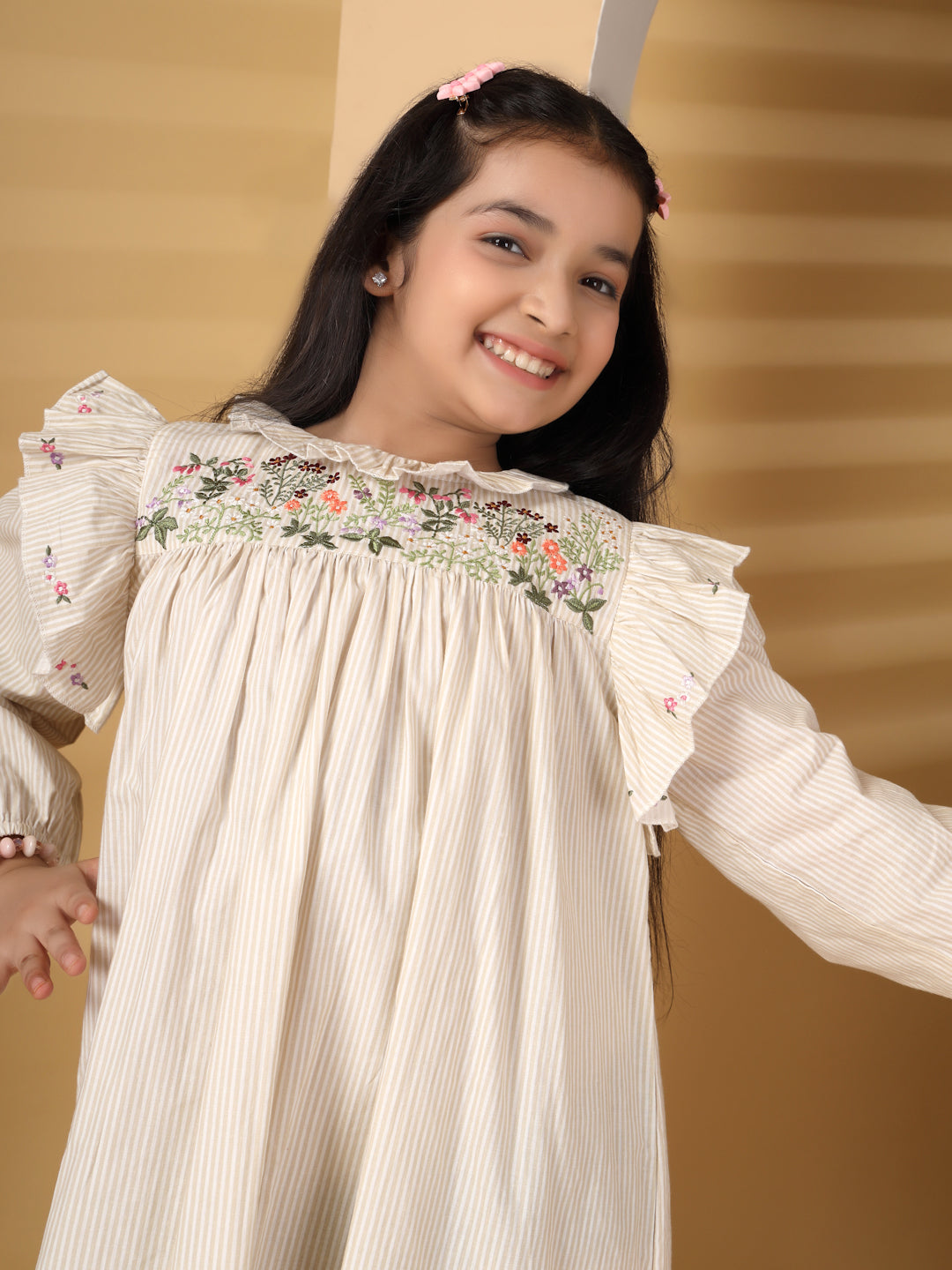 Beige Striped Frill Embroidery Dress