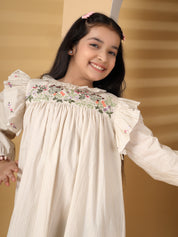 Beige Striped Frill Embroidery Dress