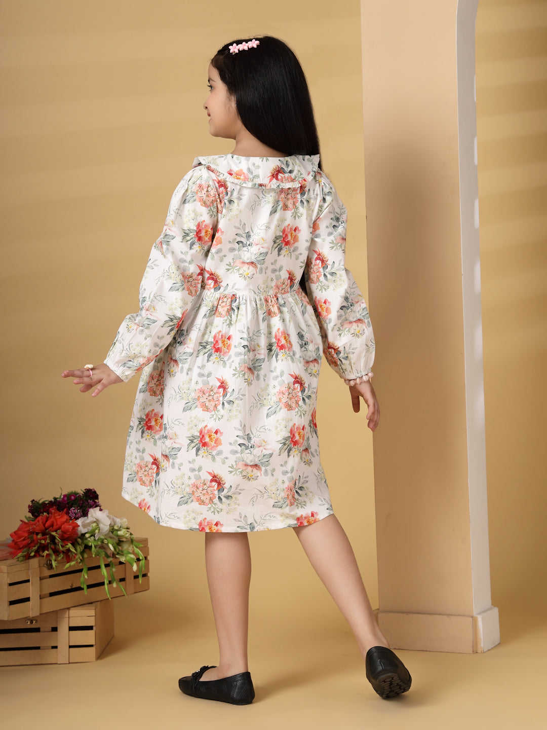 White Floral Long Sleeve Printed Dress
