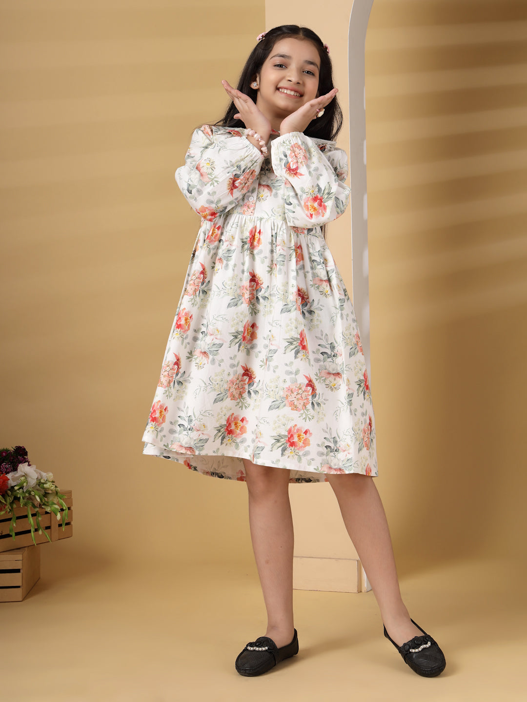 White Floral Long Sleeve Printed Dress