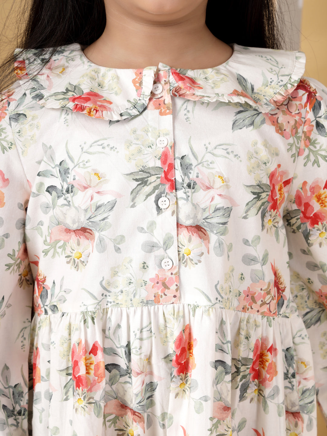 White Floral Long Sleeve Printed Dress